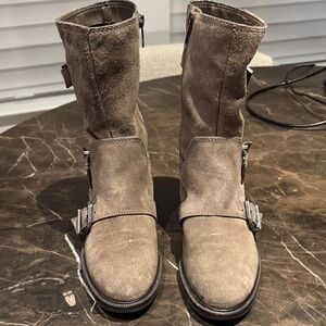 Vince Camuto taupe colored suede leather boots.